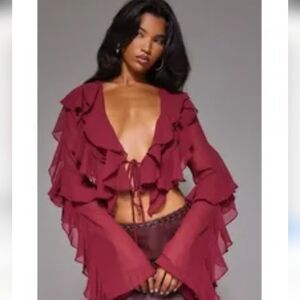 NEW Pretty Little Thing Ruffle Crop Crepe Blouse Burgundy Sexy Baddie Party Club